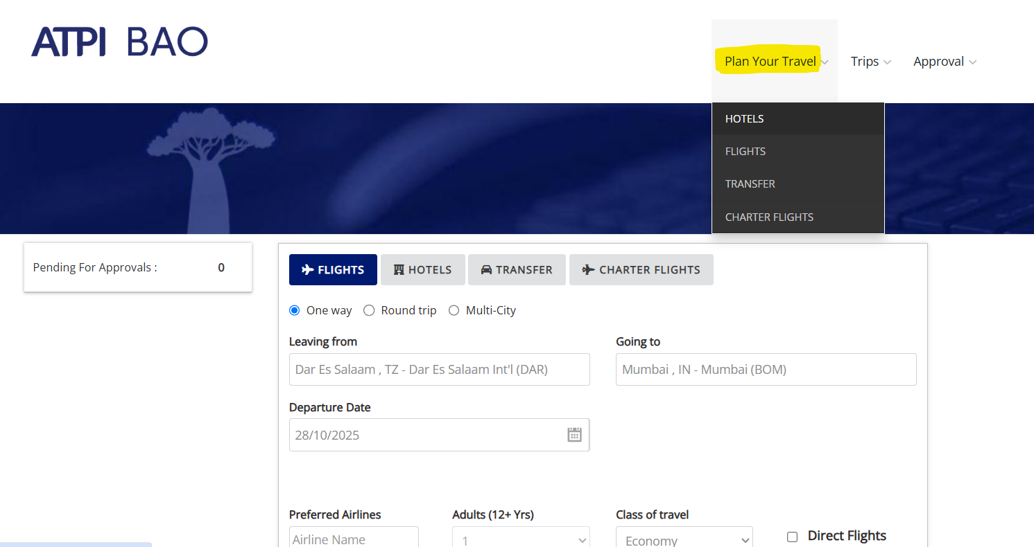 Plan Travel Menu Screenshot